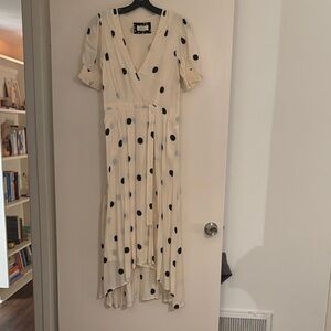Anthropologie Cream and Black Polka Dot High Low, faux wrap dress